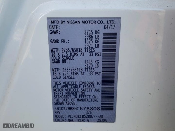 2017 Nissan Pathfinder S with VIN 5N1DR2MM8HC678808, listed as a Copart auction lot 45260615 with 114280 miles and Salvage Title. Bid and sale history available at carsss.com. Image 13.