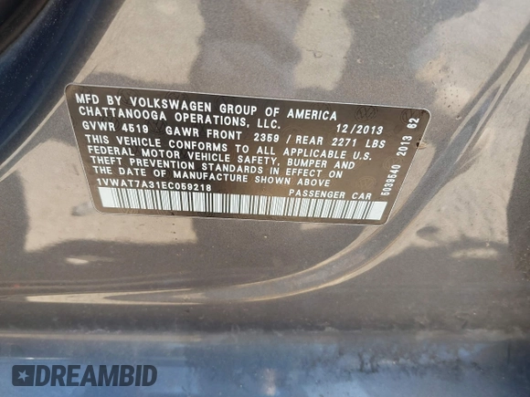 2014 Volkswagen Passat S with VIN 1VWAT7A31EC059218, listed as a IAAI auction lot 42406929 with 85,287 mi miles and . Bid and sale history available at DreamBid. Image 9.