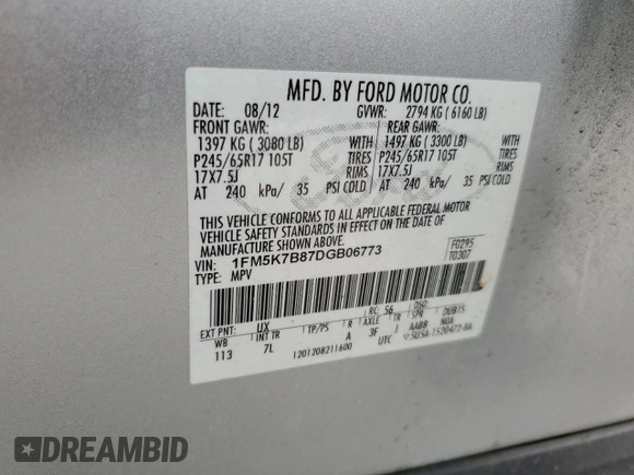 2013 Ford Explorer с VIN 1FM5K7B87DGB06773, выставлен на аукционе Copart как лот 61808615 с пробегом 121 166 миль миль и Списание • Salvage title. История ставок и продаж доступна на DreamBid. Изображение 13.