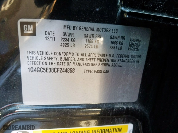 2012 Buick LaCrosse Leather with VIN 1G4GC5E38CF244868, listed as a Copart auction lot 82084884 with 95,269 mi miles and Salvage Title. Bid and sale history available at carsss.com. Image 10.