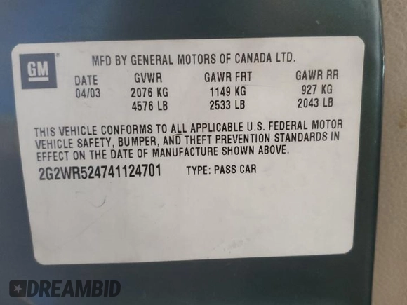 2004 Pontiac Grand Prix GTP with VIN 2G2WR524741124701, listed as a Copart auction lot 75262194 with 106,242 mi miles and Salvage Title. Bid and sale history available at carsss.com. Image 12.