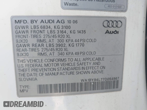 2007 Audi Q7 Premium with VIN WA1BY94L77D054967, listed as a IAAI auction lot 41618608 with 131,274 mi miles and . Bid and sale history available at DreamBid. Image 9.