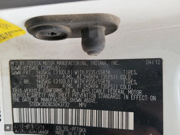 2012 Toyota Sienna XLE с VIN 5TDDK3DC8CS043732, выставлен на аукционе Copart как лот 58037885 с пробегом 234 881 миль миль и Списание • Salvage title. История ставок и продаж доступна на DreamBid. Изображение 13.