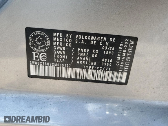 2025 Volkswagen Jetta SEL с VIN 3VWGX7BU8SM069177, выставлен на аукционе Copart как лот 62749625 с пробегом 5 587 миль миль и Списание • Salvage title. История ставок и продаж доступна на DreamBid. Изображение 12.