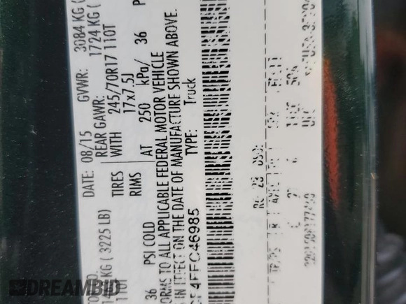 2015 Ford F-150 XL with VIN 1FTEW1CF4FFC46985, listed as a Copart auction lot 59220535 with Not provided miles and Salvage title. Bid and sale history available at DreamBid. Image 12.