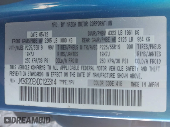 2013 Mazda CX-5 Grand Touring with VIN JM3KE2DEXD0123314, listed as a IAAI auction lot 42064266 with 288,935 mi miles. Bid and sale history available at carsss.com. Image 9.