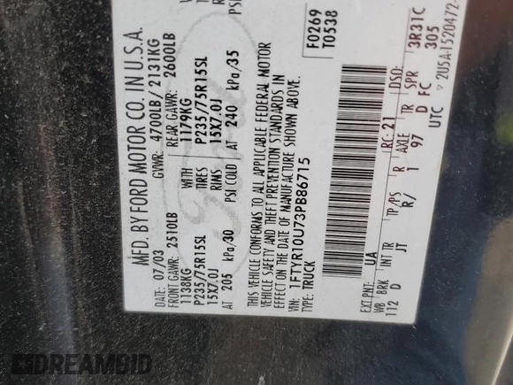 2003 Ford Ranger XL with VIN 1FTYR10U73PB86715, listed as a Copart auction lot 58957385 with 131,775 mi miles and Salvage title. Bid and sale history available at DreamBid. Image 12.