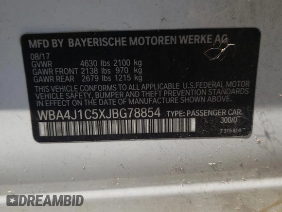 2018 BMW 4 Series 430i with VIN WBA4J1C5XJBG78854, listed as a Copart auction lot 62594495 with 124,105 mi miles and Clean title. Bid and sale history available at DreamBid. Image 12.