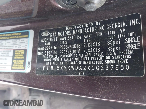 2012 Kia Sorento SX with VIN 5XYKWDA2XCG237950, listed as a IAAI auction lot 42576973 with 205,951 mi miles and . Bid and sale history available at DreamBid. Image 9.