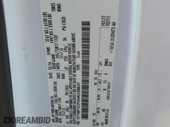 2017 Ford F-150 XL with VIN 1FTMF1CPXHKC08837, listed as a Copart auction lot 77782294 with 196,336 mi miles and Salvage title. Bid and sale history available at DreamBid. Image 12.
