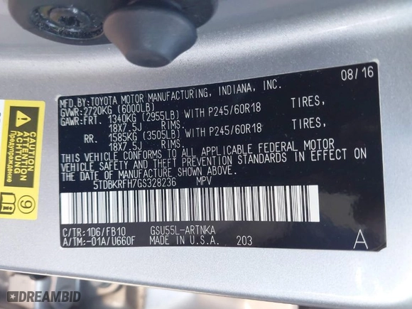2016 Toyota Highlander LE with VIN 5TDBKRFH7GS328236, listed as a IAAI auction lot 40679228 with 49,578 mi miles. Bid and sale history available at carsss.com. Image 9.