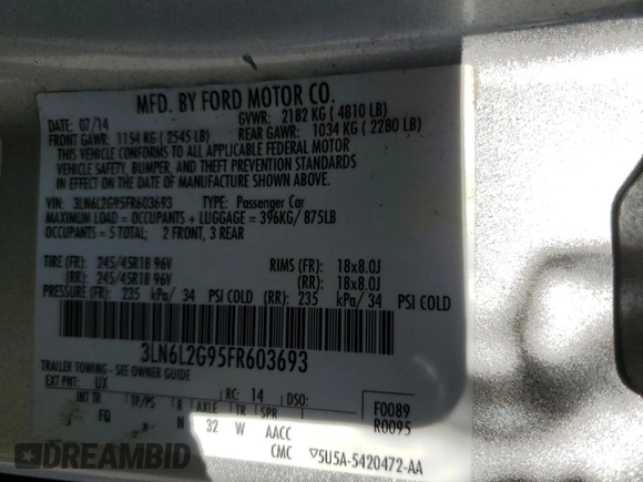 2015 Lincoln MKZ z VIN 3LN6L2G95FR603693, wystawiony jako Copart lot #53362845 z przebiegiem 171 107 mil mil oraz Szkoda całkowita • Salvage title. Historia ofert i sprzedaży dostępna na DreamBid. Obrazek 12.
