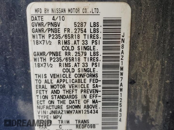 2010 Nissan Murano LE with VIN JN8AZ1MW7AW125434, listed as a Copart auction lot 88485495 with 135,853 mi miles and Clean Title. Bid and sale history available at carsss.com. Image 15.