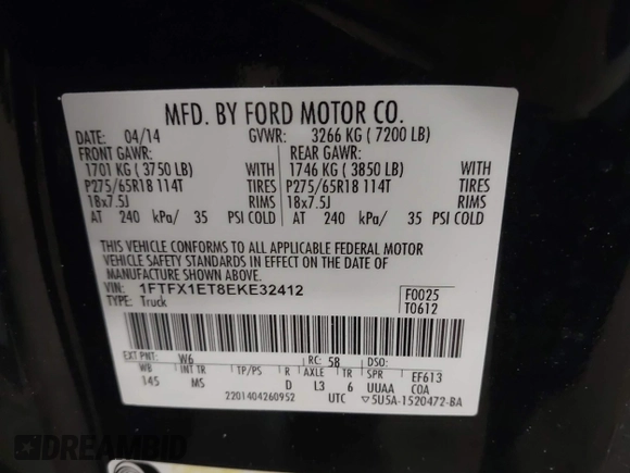 2014 Ford F-150 XL with VIN 1FTFX1ET8EKE32412, listed as a IAAI auction lot 41557331 with 128,744 mi miles. Bid and sale history available at carsss.com. Image 9.