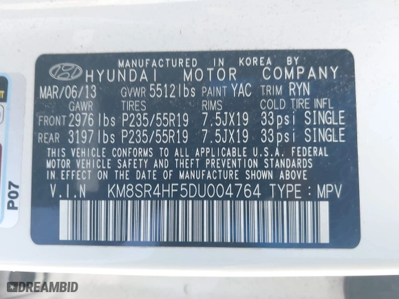2013 Hyundai Santa Fe Limited with VIN KM8SR4HF5DU004764, listed as a IAAI auction lot 41931929 with 183,236 mi miles. Bid and sale history available at carsss.com. Image 9.