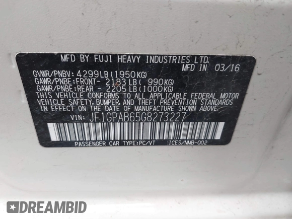 2016 Subaru Impreza Premium with VIN JF1GPAB65G8273227, listed as a IAAI auction lot 41999600 with Not provided miles and . Bid and sale history available at DreamBid. Image 9.