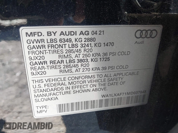 2021 Audi Q7 Premium Plus with VIN WA1LXAF71MD037845, listed as a IAAI auction lot 41987970 with 51,489 mi miles and . Bid and sale history available at DreamBid. Image 9.