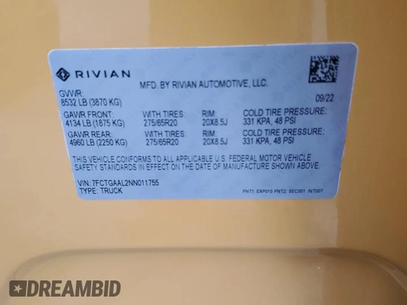 2022 Rivian R1T Launch Edition z VIN 7FCTGAAL2NN011755, wystawiony jako Copart lot #59934185 z przebiegiem 12 261 mil mil oraz Szkoda całkowita • Salvage title. Historia ofert i sprzedaży dostępna na DreamBid. Obrazek 12.
