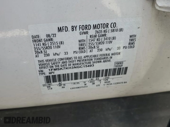 2022 Ford Explorer ST-Line с VIN 1FMSK7KH3NGC15493, выставлен на аукционе Copart как лот 59042035 с пробегом 32 965 миль миль и Списание • Salvage title. История ставок и продаж доступна на DreamBid. Изображение 13.