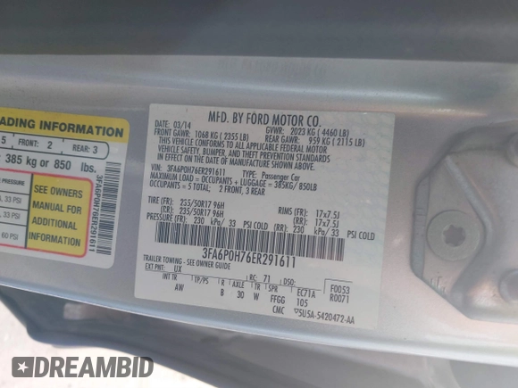 2014 Ford Fusion SE with VIN 3FA6P0H76ER291611, listed as a IAAI auction lot 39236965 with 156,283 mi miles and . Bid and sale history available at DreamBid. Image 9.