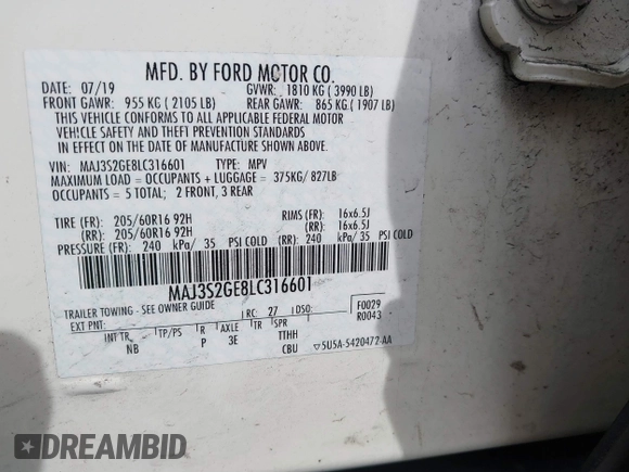 2020 Ford EcoSport SE with VIN MAJ3S2GE8LC316601, listed as a IAAI auction lot 41823655 with 32,574 mi miles and . Bid and sale history available at DreamBid. Image 9.