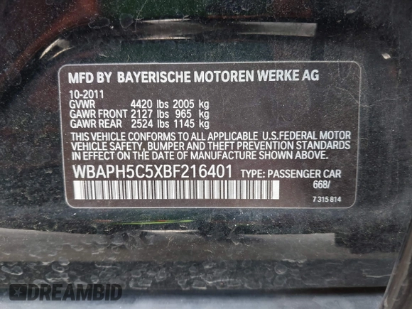2011 BMW 3 Series 328i with VIN WBAPH5C5XBF216401, listed as a IAAI auction lot 41890987 with 114,698 mi miles and . Bid and sale history available at carsss.com. Image 9.