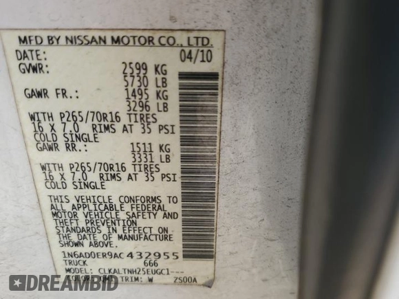 2010 Nissan Frontier SE с VIN 1N6AD0ER9AC432955, выставлен на аукционе Copart как лот 55661535 с пробегом 175 062 миль миль и Списание • Salvage title. История ставок и продаж доступна на DreamBid. Изображение 12.