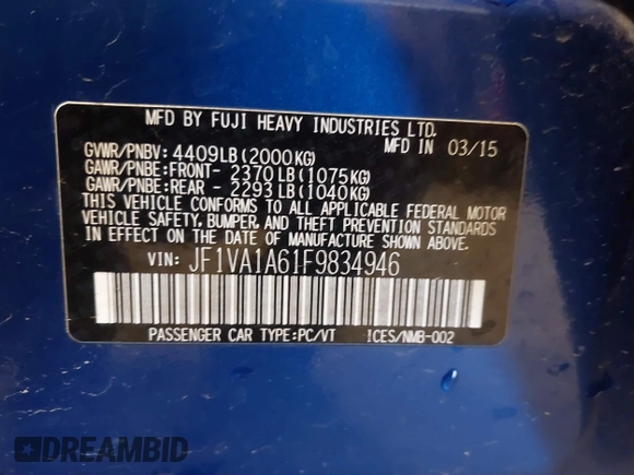 2015 Subaru WRX with VIN JF1VA1A61F9834946, listed as a IAAI auction lot 41636643 with 85,013 mi miles. Bid and sale history available at carsss.com. Image 9.