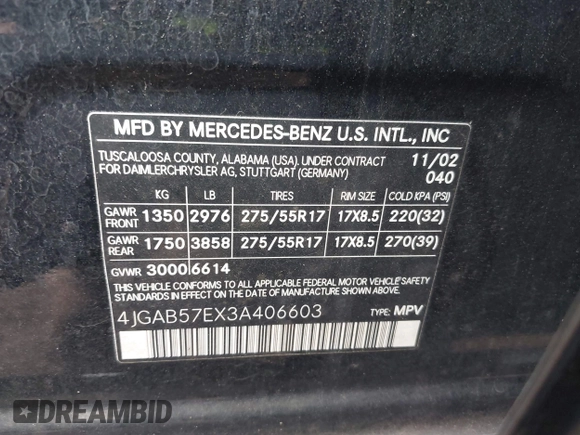 2003 Mercedes-Benz M 350 with VIN 4JGAB57EX3A406603, listed as a IAAI auction lot 42117106 with 108,087 mi miles and . Bid and sale history available at DreamBid. Image 9.
