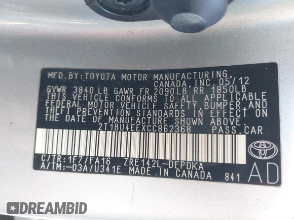 2012 Toyota Corolla L with VIN 2T1BU4EEXCC862368, listed as a IAAI auction lot 41829011 with 195,056 mi miles. Bid and sale history available at carsss.com. Image 9.