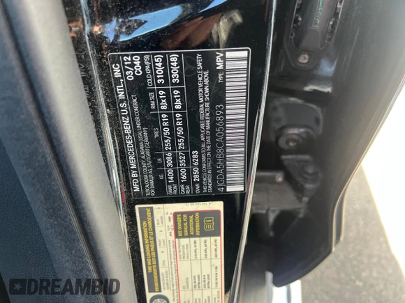 2012 Mercedes-Benz M ML 350 with VIN 4JGDA5HB8CA056893, listed as a Copart auction lot 55484165 with 216,663 mi miles and Clean Title. Bid and sale history available at carsss.com. Image 10.