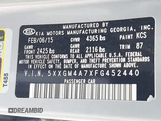 2015 Kia Optima LX with VIN 5XXGM4A7XFG452440, listed as a IAAI auction lot 41917552 with 68,470 mi miles and . Bid and sale history available at DreamBid. Image 9.