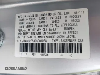 2012 Acura TSX Technology z VIN JH4CU2F63CC001038, wystawiony jako IAAI lot #41995329 z przebiegiem Nie podano mil oraz . Historia ofert i sprzedaży dostępna na DreamBid. Obrazek 9.