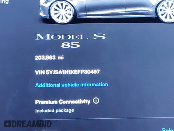 2014 Tesla Model S 60 with VIN 5YJSA1H1XEFP30497, listed as a IAAI auction lot 41294630 with 203,663 mi miles and . Bid and sale history available at DreamBid. Image 15.