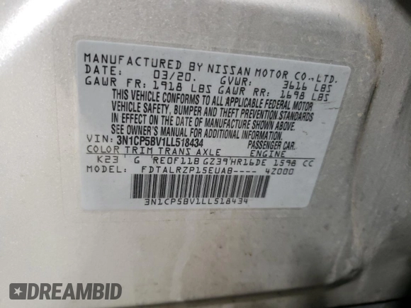 2020 Nissan Kicks S with VIN 3N1CP5BV1LL518434, listed as a Copart auction lot 46991545 with 66,980 mi miles and Salvage Title. Bid and sale history available at carsss.com. Image 15.