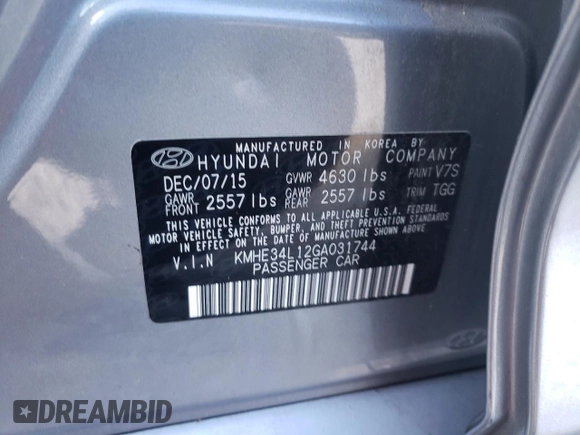 2016 Hyundai Sonata Hybrid Limited with VIN KMHE34L12GA031744, listed as a Copart auction lot 60366222 with 45,534 mi miles. Bid and sale history available at carsss.com. Image 10.