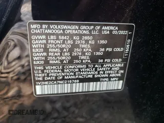 2022 Volkswagen Atlas SE with VIN 1V2HE2CA7NC215769, listed as a Copart auction lot 60394425 with Not provided miles and Salvage title. Bid and sale history available at DreamBid. Image 13.