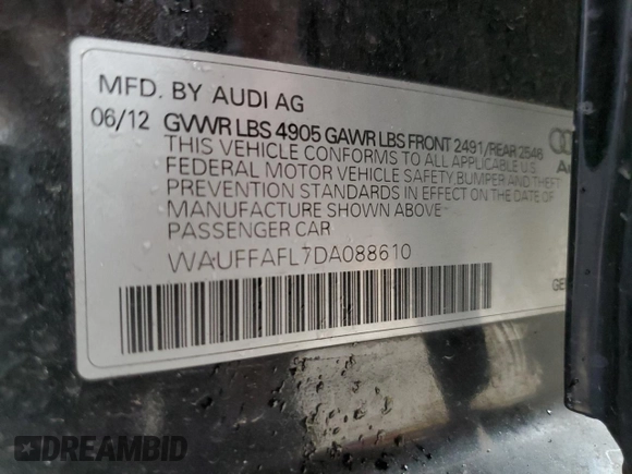 2013 Audi A4 Premium Plus with VIN WAUFFAFL7DA088610, listed as a Copart auction lot 50085415 with 103,028 mi miles and Salvage Title. Bid and sale history available at carsss.com. Image 12.