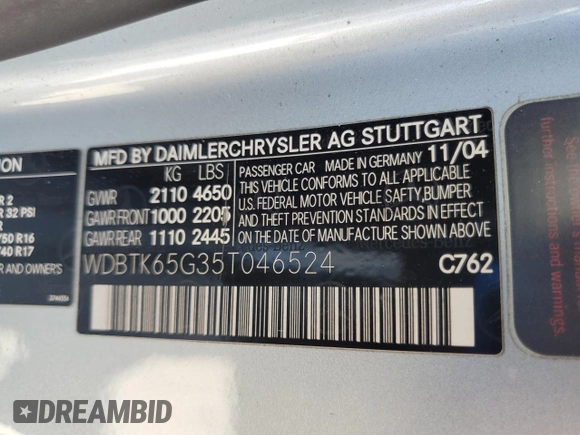 2005 Mercedes-Benz CLK 320 with VIN WDBTK65G35T046524, listed as a Copart auction lot 59342025 with 170,760 mi miles and Salvage title. Bid and sale history available at DreamBid. Image 12.