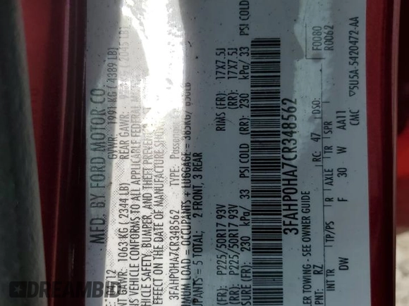 2012 Ford Fusion SE with VIN 3FAHP0HA7CR348562, listed as a Copart auction lot 60531805 with 139,581 mi miles and Salvage title. Bid and sale history available at DreamBid. Image 13.