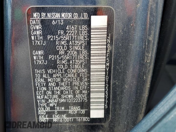 2013 Nissan Juke Nismo with VIN JN8AF5MV1DT223775, listed as a Copart auction lot 57104105 with 126,091 mi miles and Salvage title. Bid and sale history available at DreamBid. Image 12.