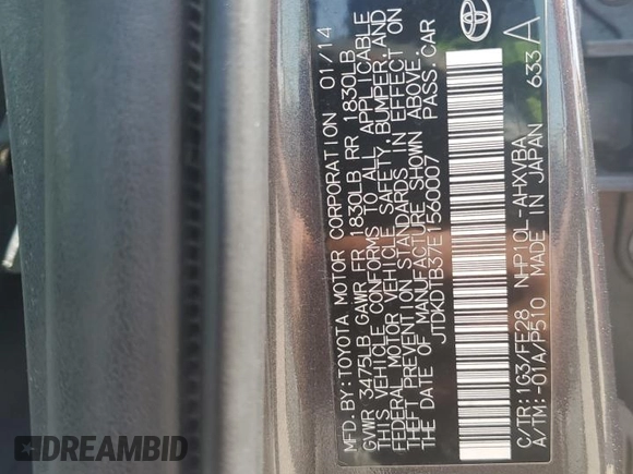2014 Toyota Prius One with VIN JTDKDTB37E1560007, listed as a Copart auction lot 57527995 with 300,732 mi miles and Clean Title. Bid and sale history available at DreamBid. Image 12.