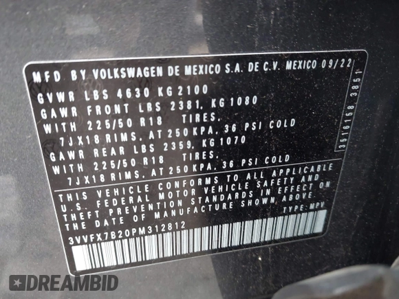 2023 Volkswagen Taos S с VIN 3VVFX7B20PM312812, выставлен на аукционе IAAI как лот 41460809 с пробегом 40 296 миль миль и . История ставок и продаж доступна на DreamBid. Изображение 9.