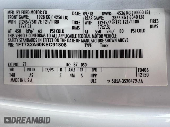 2019 Ford F-250 XL с VIN 1FT7X2A60KEC91808, выставлен на аукционе Copart как лот 62036905 с пробегом 101 633 миль миль и На запчасти • Non repairable. История ставок и продаж доступна на DreamBid. Изображение 15.
