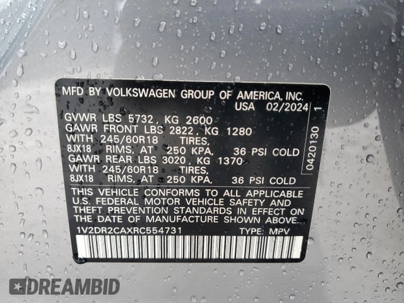 2024 Volkswagen Atlas SE с VIN 1V2DR2CAXRC554731, выставлен на аукционе Copart как лот 51911135 с пробегом 15 953 миль миль и Списание • Salvage title. История ставок и продаж доступна на DreamBid. Изображение 12.