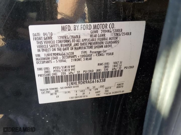2010 Lincoln MKS with VIN 1LNHL9DR9AG616338, listed as a Copart auction lot 89277865 with 0 mi miles and Salvage Title. Bid and sale history available at carsss.com. Image 12.