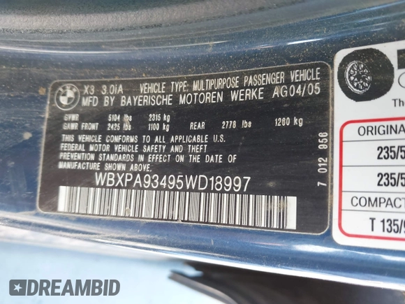2005 BMW X3 3.0i z VIN WBXPA93495WD18997, wystawiony jako IAAI lot #42337154 z przebiegiem 189 409 mil mil oraz . Historia ofert i sprzedaży dostępna na DreamBid. Obrazek 9.