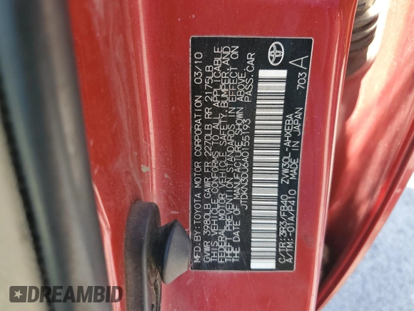 2010 Toyota Prius II with VIN JTDKN3DU6A0155193, listed as a Copart auction lot 54552935 with 204,514 mi miles and Clean Title. Bid and sale history available at DreamBid. Image 12.