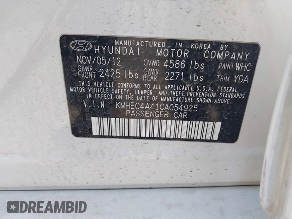 2012 Hyundai Sonata Hybrid with VIN KMHEC4A41CA054925, listed as a IAAI auction lot 42100183 with Not Provided miles and . Bid and sale history available at DreamBid. Image 9.