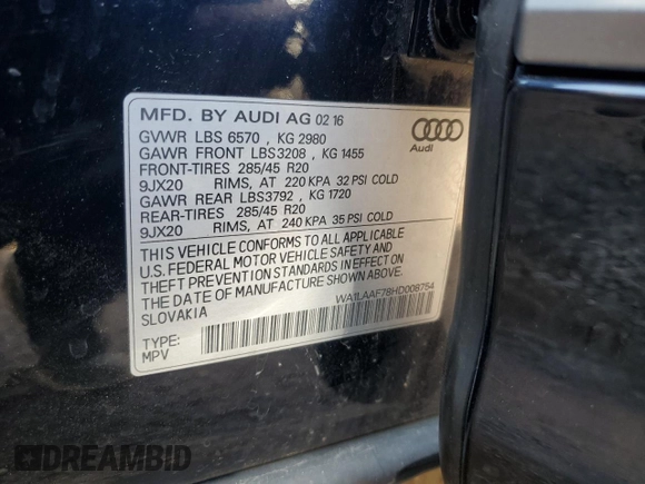 2017 Audi Q7 Premium Plus with VIN WA1LAAF78HD008754, listed as a Copart auction lot 60796555 with 152,920 mi miles and Clean title. Bid and sale history available at DreamBid. Image 12.